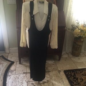 Vintage Black Dress with Splits and white blouse